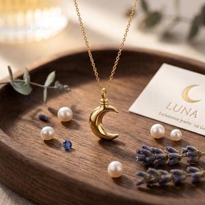 May include: A gold-toned crescent moon pendant hangs from a delicate chain. The pendant features a screw-top design. Beside it lies a white card printed with a crescent moon icon, the text LUNA, and Exclusivestar Jewelry 14k Gold.