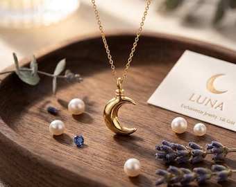 Halsband i massivt guld med halvmåne: Minnesmärke över aska, Luna-hänge för människor och husdjur