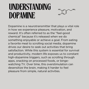 Pu&ograve; includere: Uno schema del neurotrasmettitore dopamina, una sostanza chimica che svolge un ruolo vitale nel modo in cui sperimentiamo piacere, motivazione e ricompensa. Il testo spiega che la dopamina &egrave; spesso definita la "sostanza chimica del benessere" perch&eacute; viene rilasciata quando facciamo qualcosa di piacevole o raggiungiamo un obiettivo. Il testo spiega anche che la vita moderna ci espone a costanti trigger di dopamina, come scorrere le app, mangiare cibi trasformati o guardare la televisione in modo eccessivo. Nel tempo, questa iperstimolazione pu&ograve; desensibilizzare il cervello, rendendo pi&ugrave; difficile provare piacere dalle attivit&agrave; semplici e naturali.