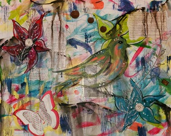 Ostara Welcome Spring Bird abstract intuitive art mixed media painting signed