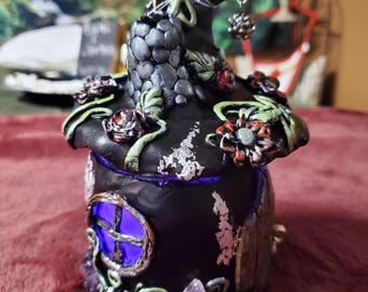 OOAK handmade Clay Witch House Stash Jar Candle Holder