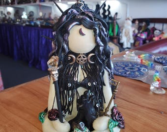 Made to order OOAK HEKATE handmade clay goddess statue with black obsidian dog wolf