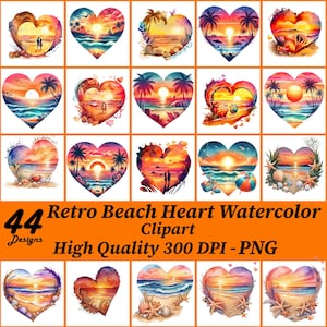 Sunset Beach Watercolor Clipart: Retro Ocean Heart PNG (Digital Download)
