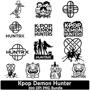 Puede incluir: Una colección de diseños gráficos en blanco y negro con varias ilustraciones y texto. Incluye figuras estilizadas, un pájaro con sombrero y los textos "K-Pop Demon Hunters" y "Suit Boys". El paquete está etiquetado como "300 DPI PNG Bundle".