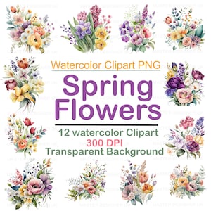 Aquarell Frühlingsblumen Clipart-Bundle - 12 PNG Floral Grafiken Set - Wildblumen Blumenrahmen Clipart