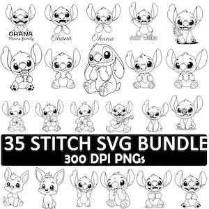 May include: A black and white SVG bundle featuring 35 illustrations of the character Stitch. The images show Stitch in various poses, with text including "Ohana" and "Stay Weird". The bundle also includes 300 DPI PNG files.
