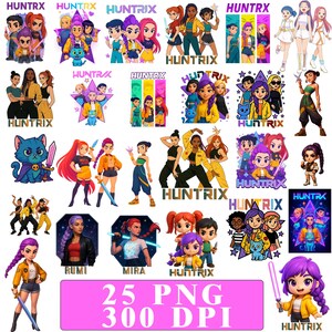 Puede incluir: Una colección de ilustraciones digitales con la palabra "HUNTRIX" y varios personajes de dibujos animados. Las imágenes muestran diversos personajes en poses de acción, con colores vibrantes y composiciones dinámicas. También está presente el texto "25 PNG 300 DPI".