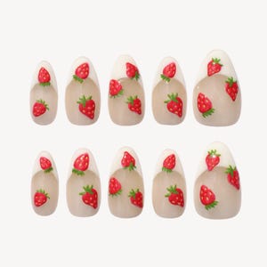 Strawberry Sundae | Artisanal Handmade Press-on Nails | French Tips Press-on Nails | Strawberry Press-on Nails | Fruit Press-on Nails