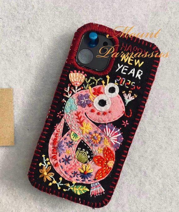 Pink Snake Embroidered Phone Case New Year 2025 Design