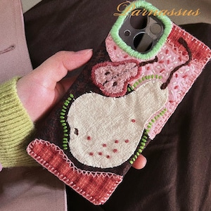 Belle coque de portable en tissu motif patchwork poire - Adorable et protectrice, art textile moderne, design rétro minimaliste pour iPhone et Android