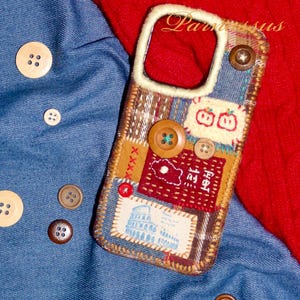 Coque de portable en tissu patchwork fait main - Édition « artiste oeuf sur le plat » personnalisable