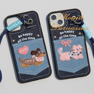 Étui pour iPhone en denim avec porte-cartes, motif chien ou chat brodé, sangle de téléphone en paracorde, cadeau élégant et fonctionnel