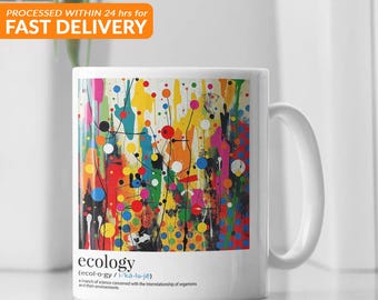 Livfull abstrakt konstmugg med motivet 'Ekologi' – djärv, färgglad design med inspirerande definition