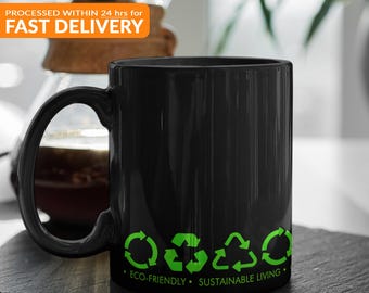 Eco-Friendly Black Mug: Recycling Symbol Coffee Cup