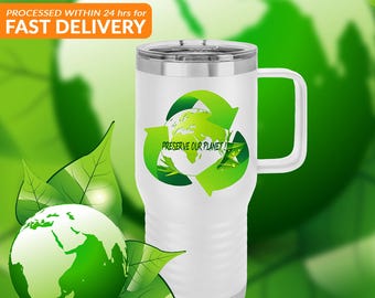 Miljövänlig resemugg: Rostfritt stålmugg med handtag, Preserve Our Planet-design