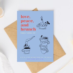 Amour, paix et brunch : carte de déclaration pour votre anniversaire | Brunch entre filles | Carte d'invitation pour un brunch d'anniversaire