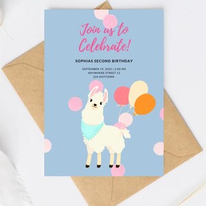 Lama invitation card children&#39;s birthday, invitation kids birthday, birthday invitation llama motif, animal motif invitation, digital Canva template
