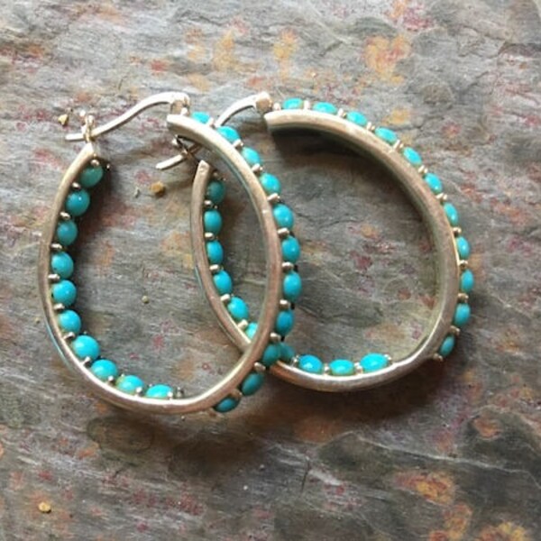 Turquoise and Silver Inside Out Hoop Earrings
