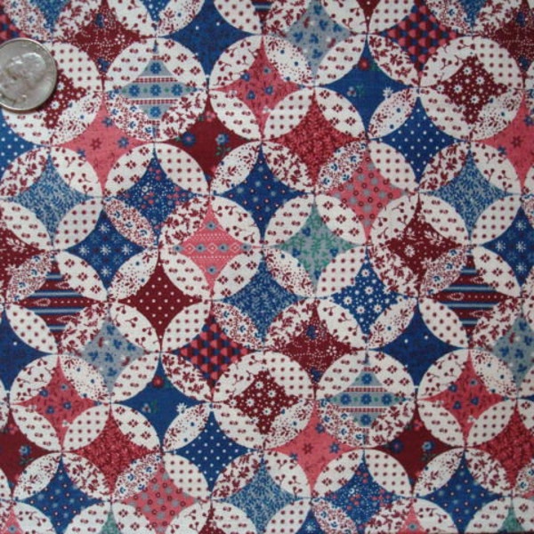 Vintage 80's Fat Quarter Pink ,Burgundy, Wedgewwod Blue Quilt Block Print