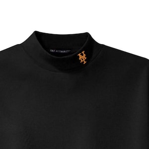 May include: Black mock neck shirt with a small orange embroidered New York Mets logo on the front. The text "Off-White Authority" is visible on the collar.
