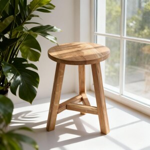 Scandinavian Solid Wood Step Stool, Oak Wooden Tabouret For Bathroom, Small Stool For Seating Or Plant Stand