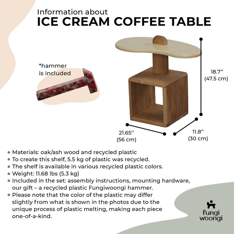 May include: A wooden coffee table with a white top and a shelf. The table is 21.65 inches tall, 11.8 inches wide, and 18.7 inches deep. The table is made of oak/ash wood and recycled plastic. A red plastic hammer is included.