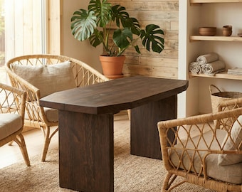 Handgefertigter Japandi Eichen Couchtisch, modernes skandinavisches minimalistisches Sofa und Büchertisch