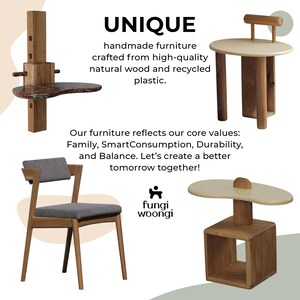 May include: A collection of unique handmade furniture pieces crafted from high-quality natural wood and recycled plastic. The furniture includes a chair, a side table, and a small shelf unit. The text "UNIQUE" is displayed at the top of the image, along with the text "fungi. woongi".