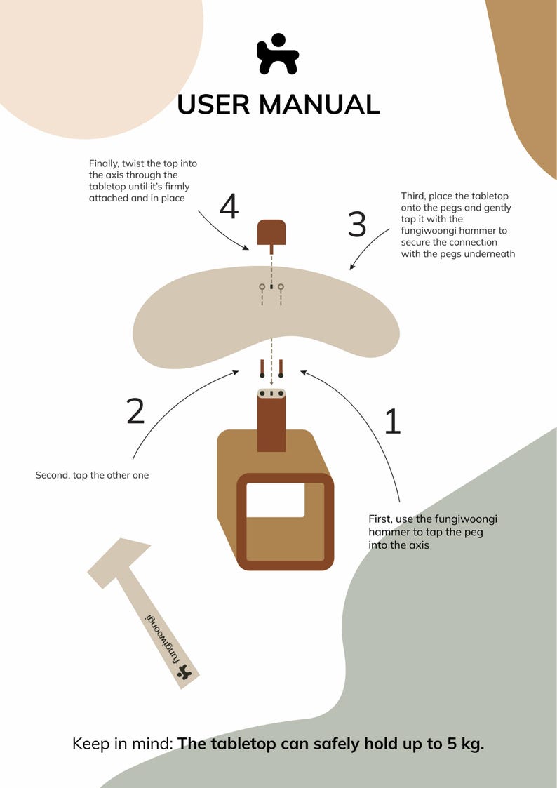 May include: A step-by-step illustrated guide on how to assemble a wooden table. The instructions include using a hammer to tap a peg into an axis, then tapping another peg, and finally placing the tabletop onto the pegs. The text states that the tabletop can safely hold up to 5 kg.