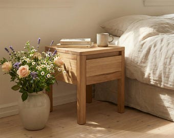 Wooden Bedside Table, Japandi Nightstand, Solid Wood Side Table, Modern Scandinavian End Table, Minimalist Sofa or Bed Table