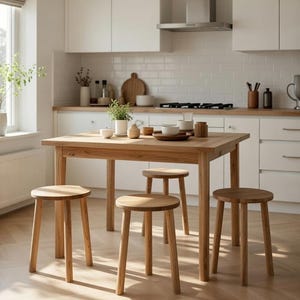 May include: A light oak wood dining table with four matching stools in a bright kitchen setting. The table is square, and the stools have round seats and three legs. The kitchen has white cabinets and a white tile backsplash.