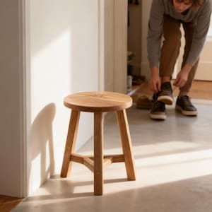 Round Scandinavian Wooden Stool, Low Oak And Ash Tabouret For Kitchen Seating Or Plant Stand