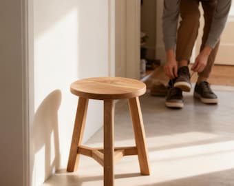 Round Scandinavian Wooden Stool, Low Oak And Ash Tabouret For Kitchen Seating Or Plant Stand