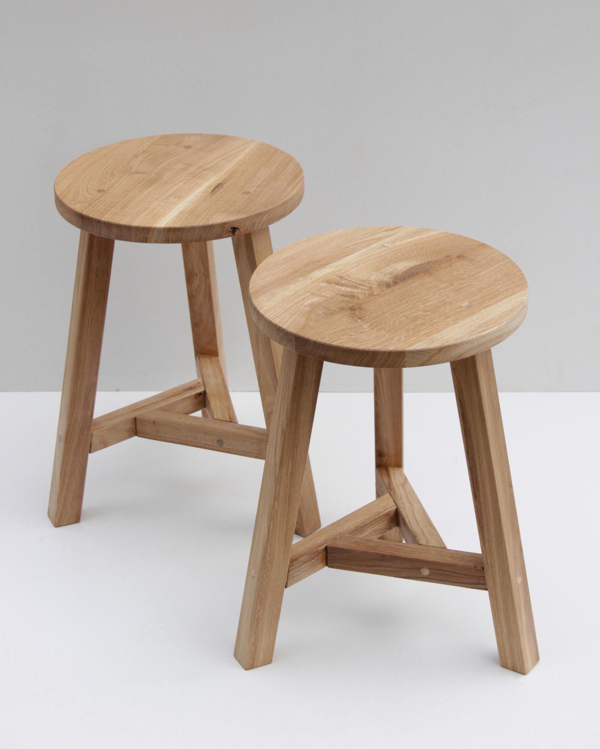 Set of 2 Oak Tabourets with Round Seats and Three Legs, Pair of Wooden Stools, Set of 2pcs Stools, Kitchen Stool Pair, Wood Tabouret Pair