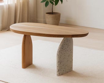 Upcycled Coffee Table, Handmade Wooden Oval Table, Japandi Style Furniture, Recycled Plastic Home Decor