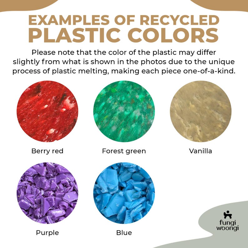 May include: Examples of recycled plastic colors in various shades, including berry red, forest green, vanilla, purple, and blue. The colors are shown in two ways: as a solid color and as a close-up of recycled plastic pieces.