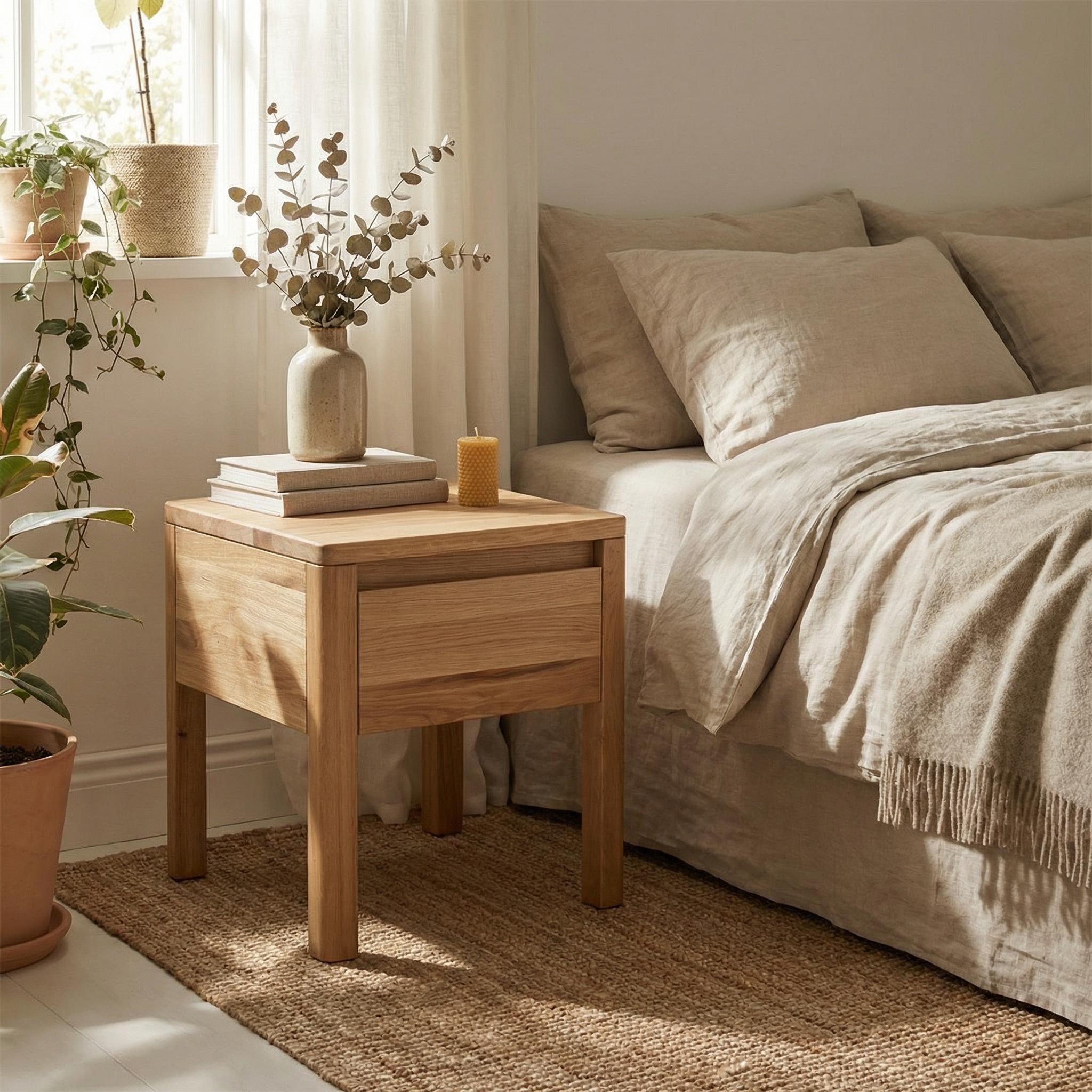 Wooden Bedside Table – Japandi Style Nightstand, Minimalist Wood