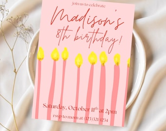 Editable Birthday Invitation Template Illustrated Pink Birthday Invite Digital Download Printable Canva Template Girls Invitation