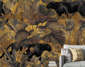 Papel pintado de la selva, mural de pantera dorada, leopardo tropical, hojas oscuras, autoadhesivo y removible.