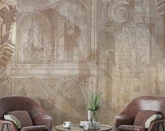 Può includere: Scena d'interni con due poltrone in pelle marrone, un tavolino rotondo e un tappeto con testo. Lo sfondo è un grande murale che raffigura disegni architettonici nei toni del marrone e del beige. Sono presenti anche piante e un tavolino.