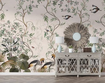Chinoiserie Tapete Beige Wandbild Blumenvogel Tapete Grün Peel Stick Abnehmbar