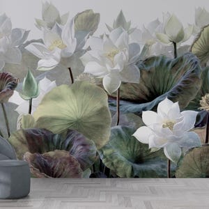 Papier peint lotus blanc, décoration murale élégante nénuphar, art mural botanique serein, papier peint floral paisible, décoration nature zen, étang de lotus vintage