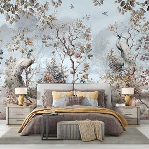 Whimsical Peacock Wallpaper | Easy Removable Peel Stick Wallpaper with Lush Background