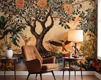 Vintage Tapete Orange Botanisches Wandbild Vogel Blumentapete Baumschalenstick entfernbar