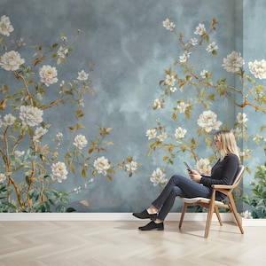Blue Chinoiserie Floral Wallpaper, Elegant Blossom Wall Mural, Vintage Botanical Tree Art, Luxury Home Decor