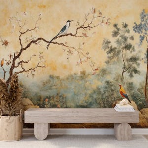 Chinoiserie vintage bird peel and stick wallpaper floral mural wall decor nature inspired botanical wallpaper