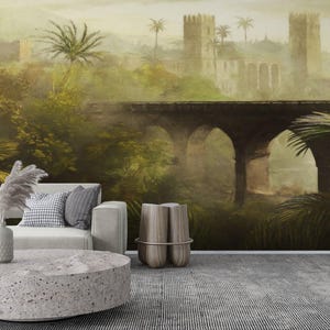 Vintage Landscape Peel And Stick Wallpaper Castle Mural Bridge Wall Decor Medieval Forest Scene Wallpaper Nature Inspired