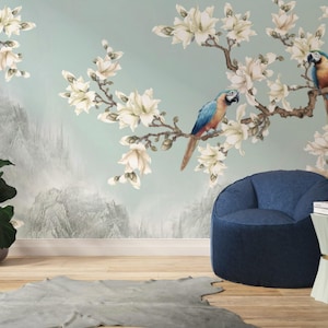 Chinoiserie Bird Wallpaper, Magnolia and Parrot Mural, Elegant Asian Floral Wall Art, Vintage Botanical Decor, Soft Green Nature Wallpaper