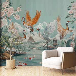 Chinoiserie Crane Wallpaper, Elegant Oriental Bird Mural, Floral & Koi Fish Wall Art, Vintage Asian Nature Decor, Luxurious Botanical Print
