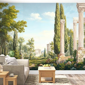 Ancient Roman Landscape Wallpaper, Removable Classical Mural, Vintage Garden Columns, Scenic Wall Art Design